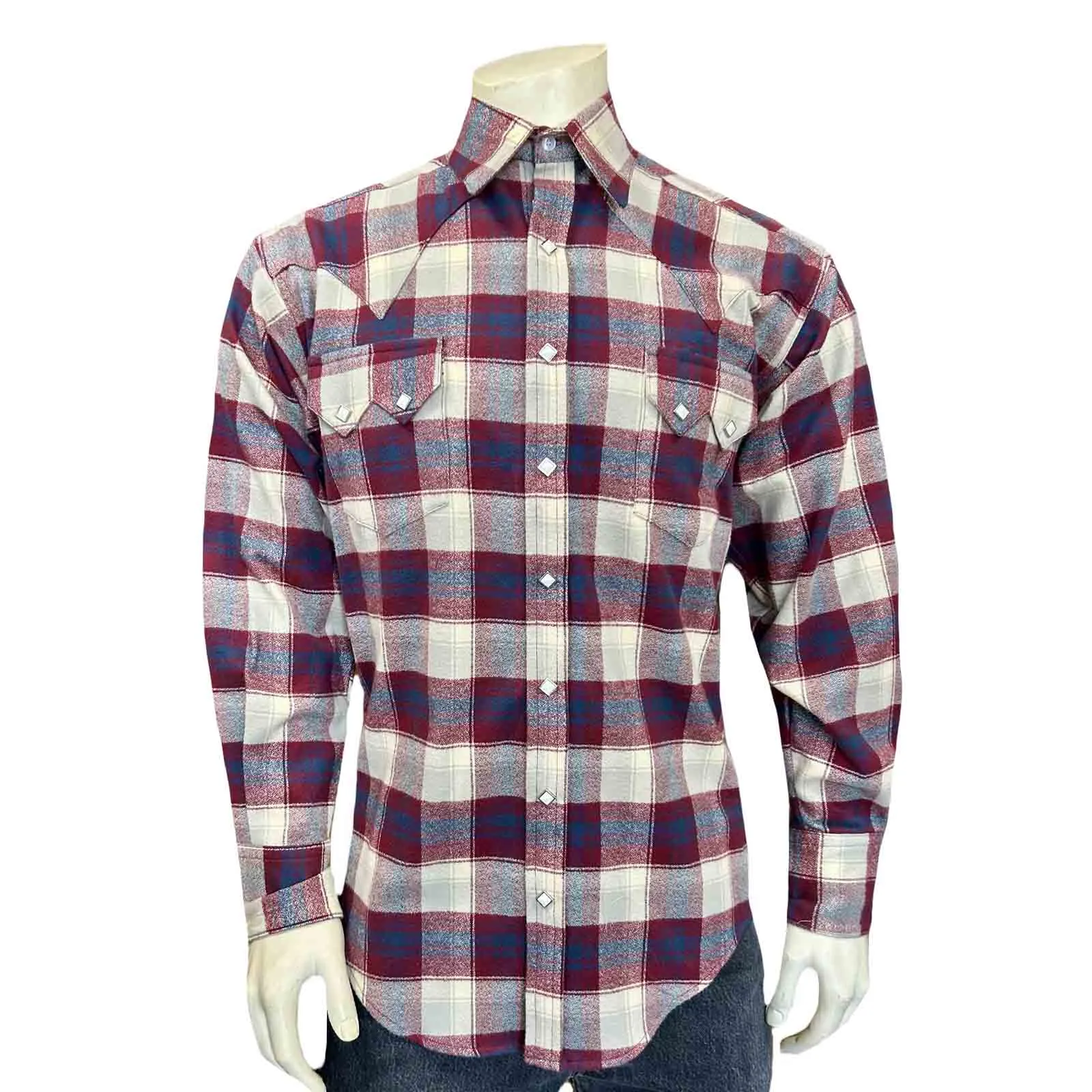 Men's Plush Flannel Burgundy & White Plaid Western Shirt