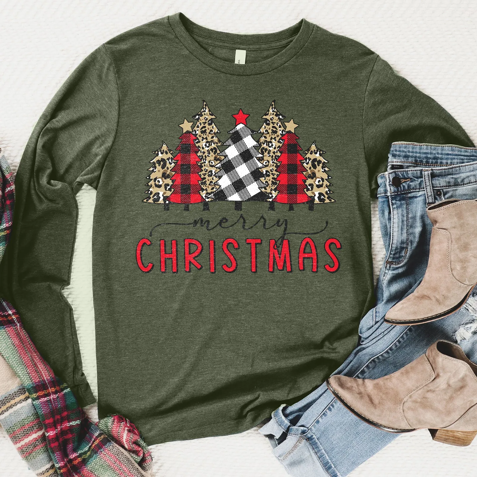 Merry Christmas Plaid and Leopard Long Sleeve