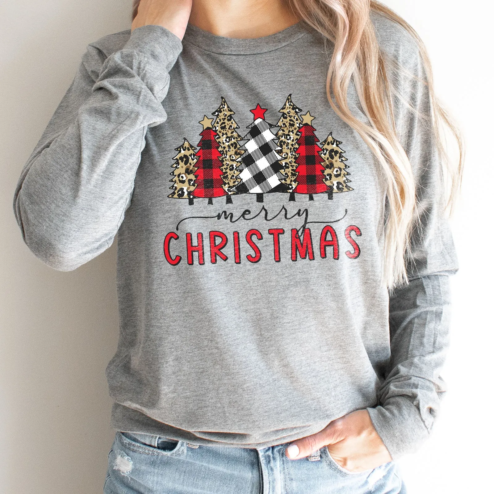 Merry Christmas Plaid and Leopard Long Sleeve