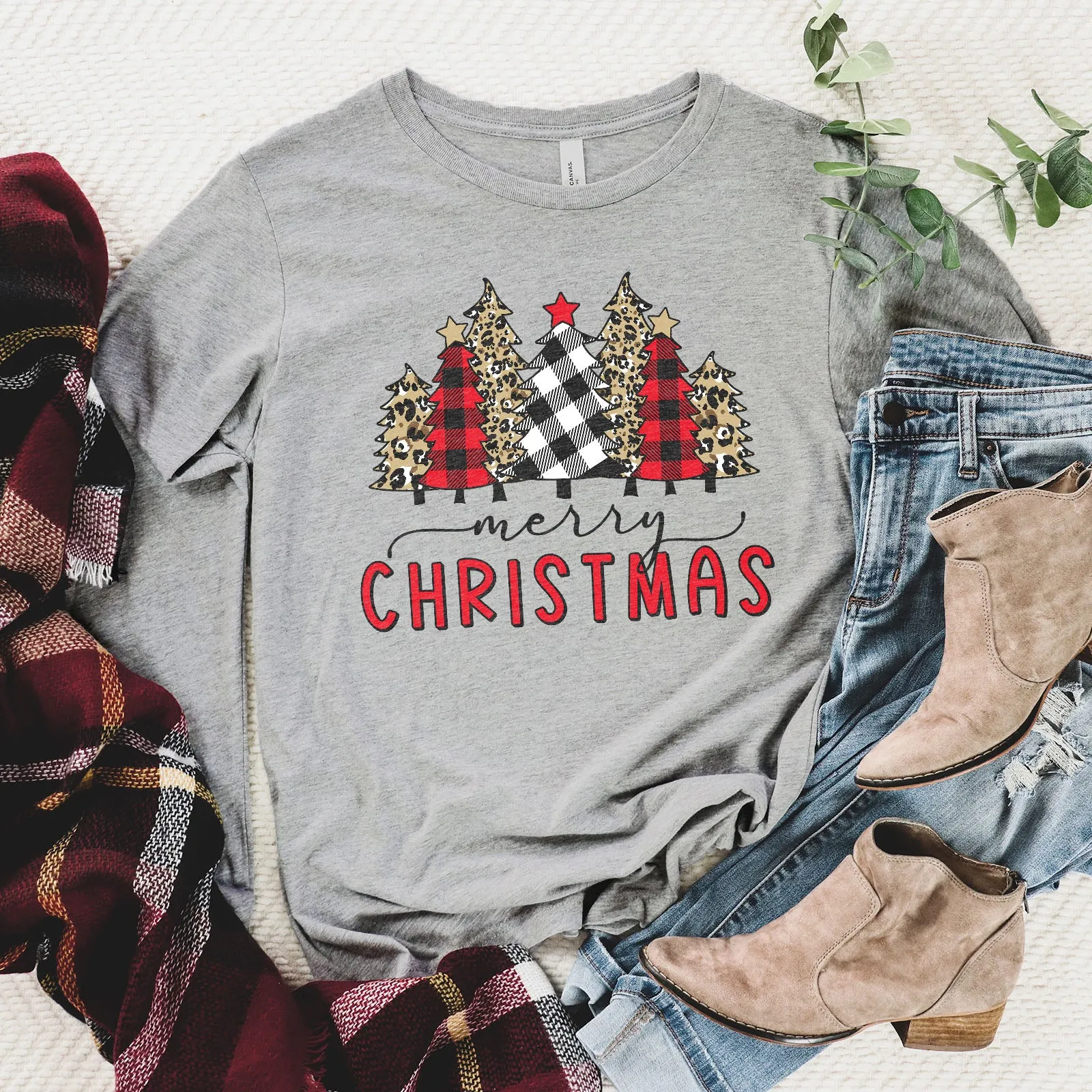 Merry Christmas Plaid and Leopard Long Sleeve