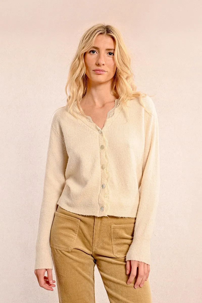 Molly Bracken Off White Scalloped Lace Trim Cardigan