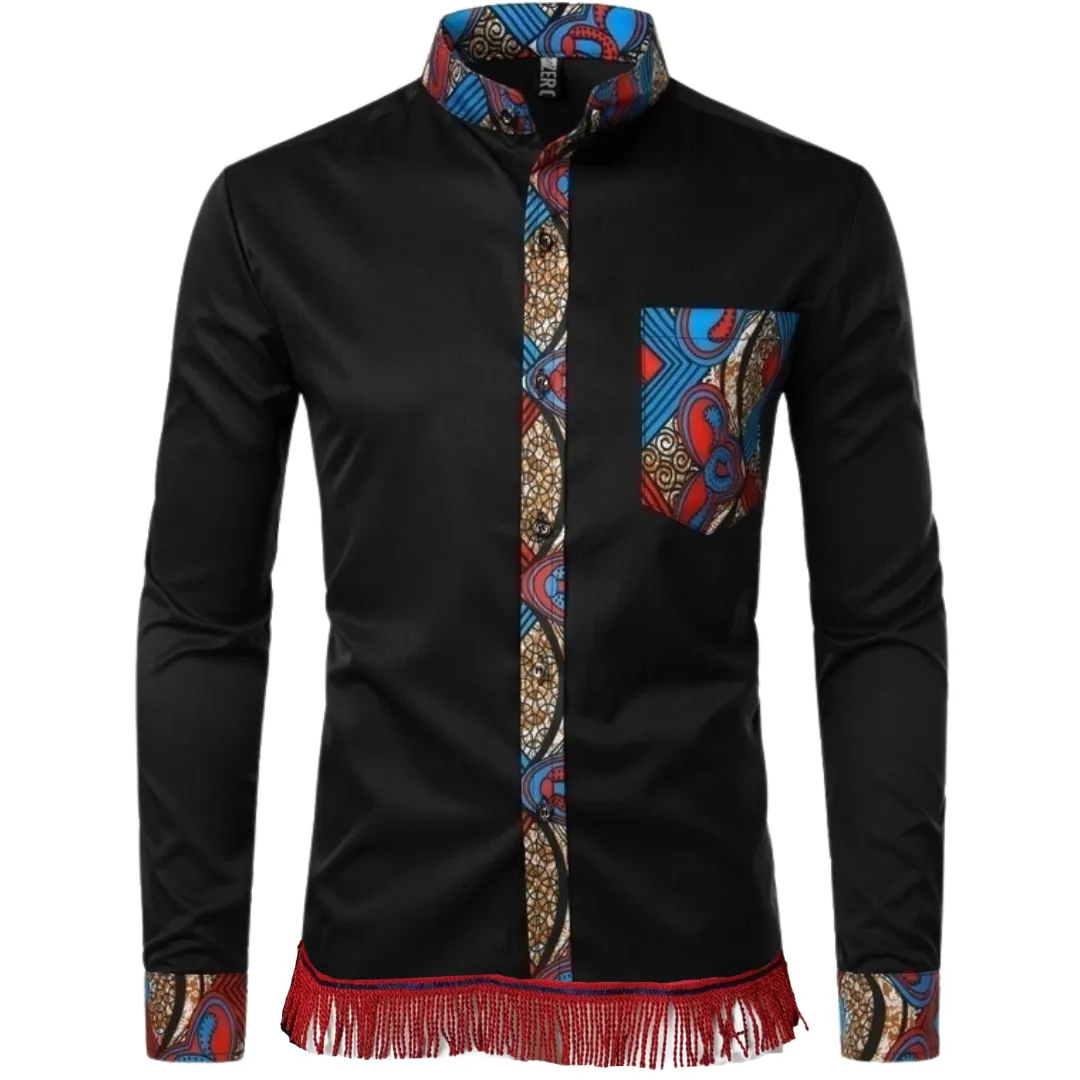 Paisley Print Patchwork Long Sleeve Shirt with Fringes