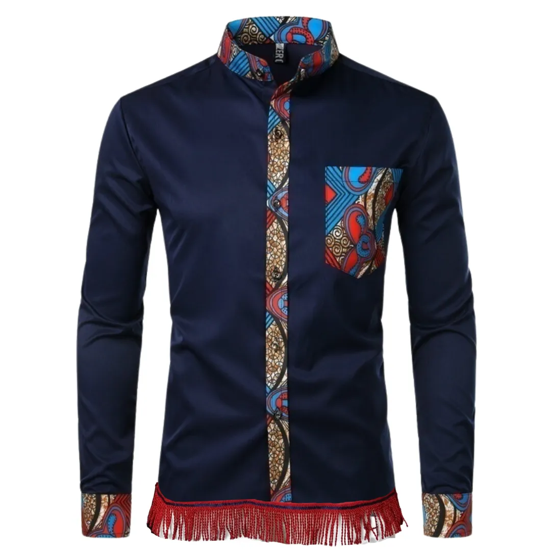 Paisley Print Patchwork Long Sleeve Shirt with Fringes