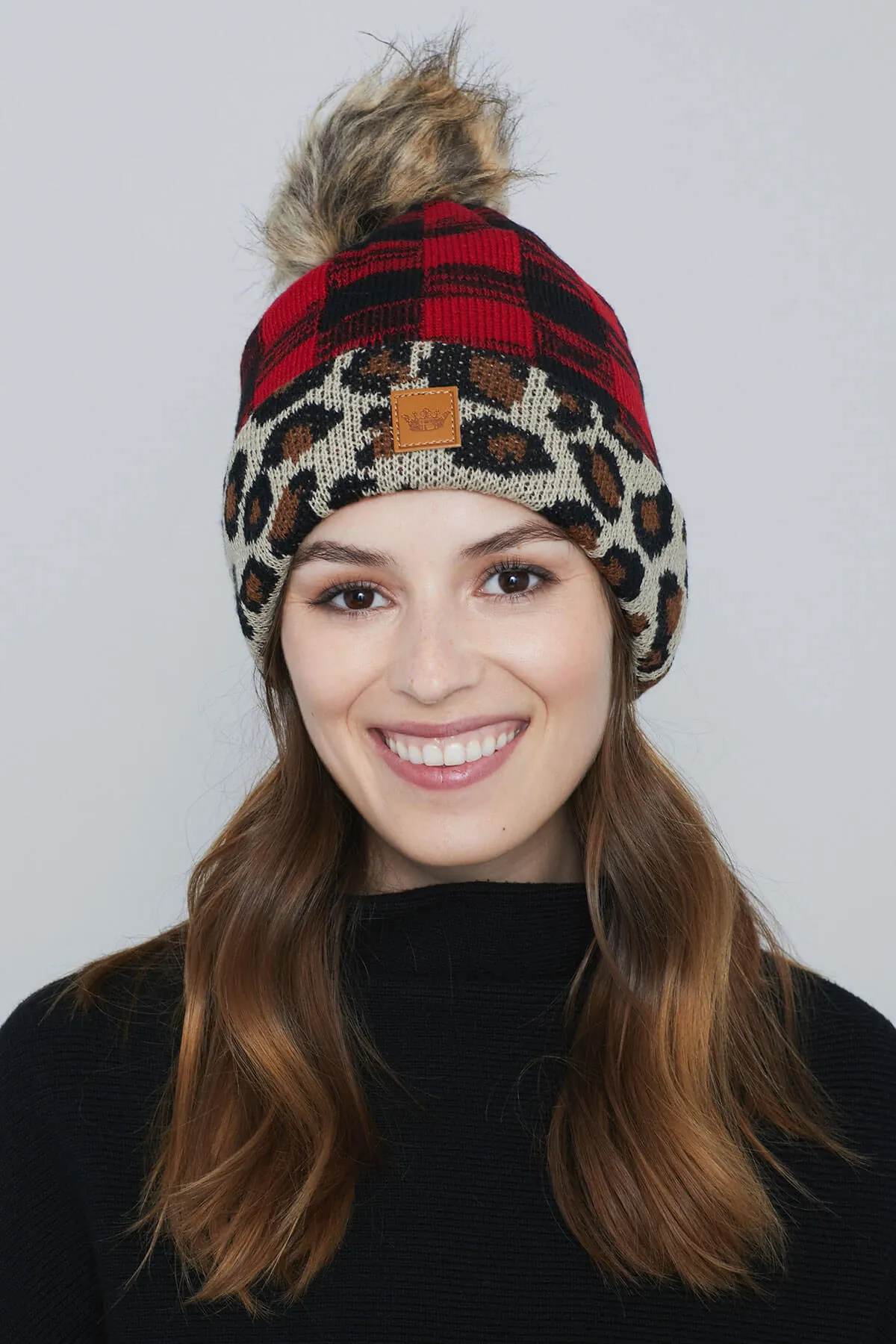 Panache Leopard Buffalo Plaid Pom Pom Hat