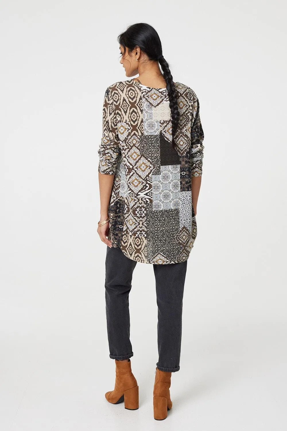 Patchwork Print Long Sleeve Scoop Neck Tunic