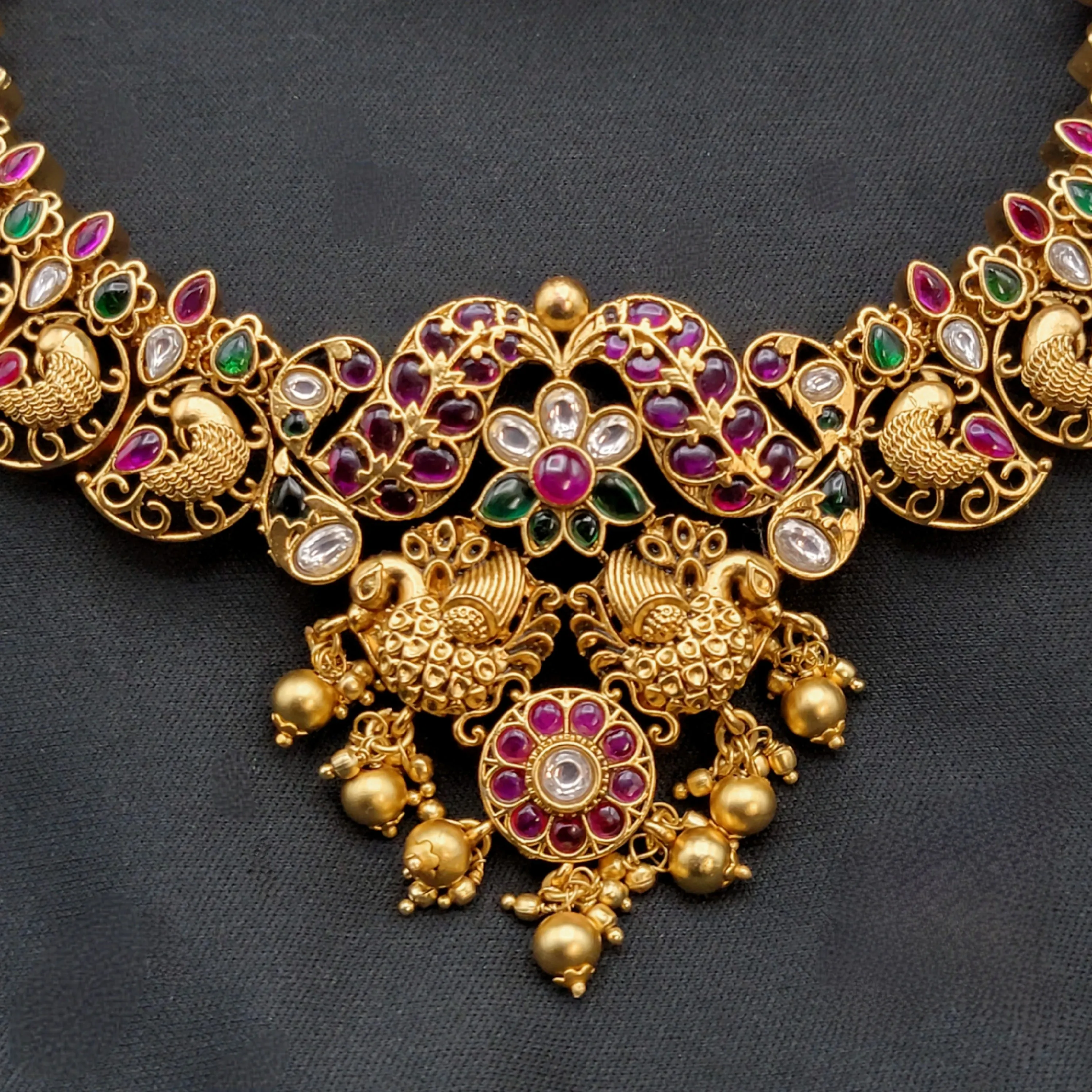 Peacock Nakshi work Real Kemp Necklace in Matte Antique Gold