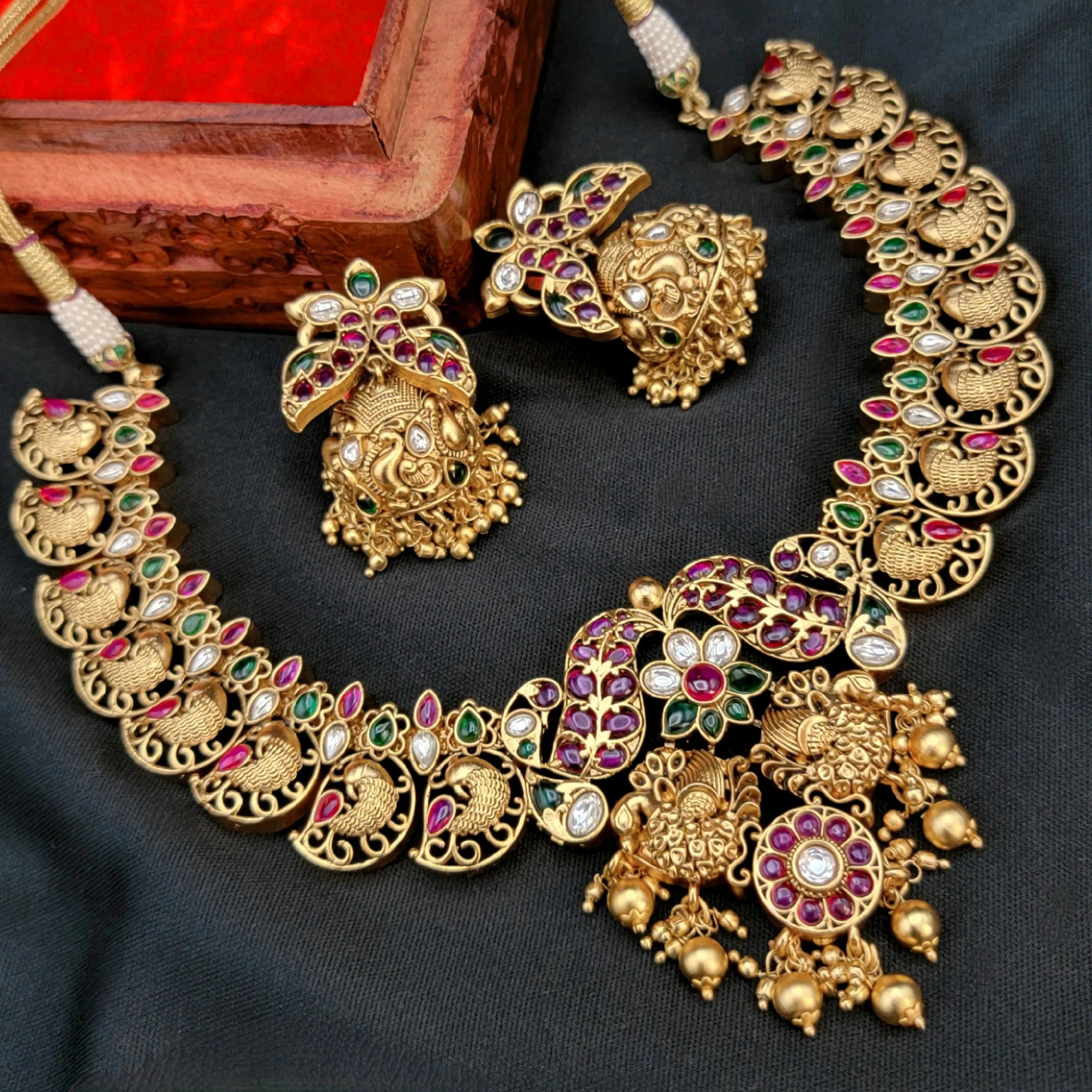 Peacock Nakshi work Real Kemp Necklace in Matte Antique Gold