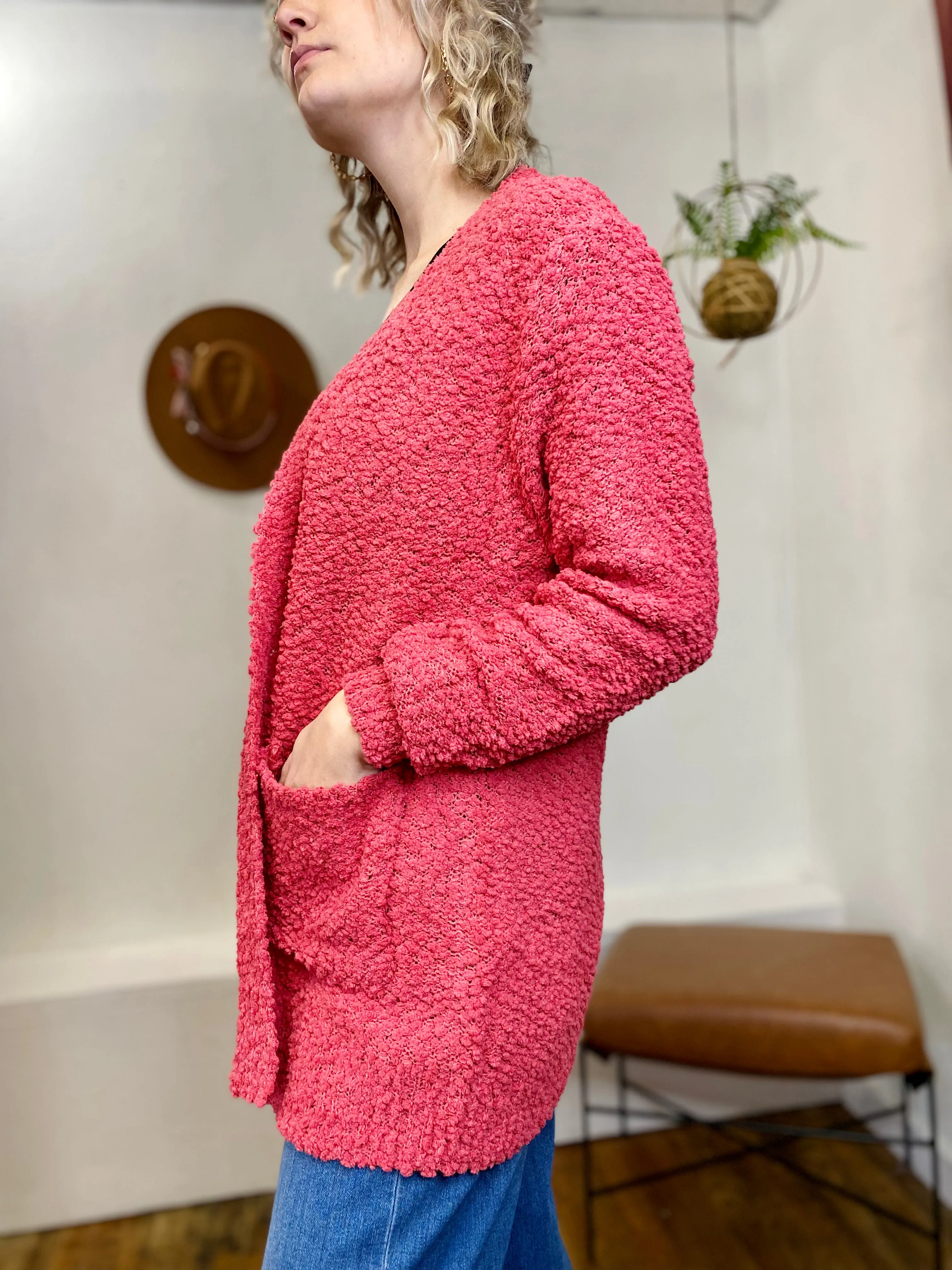 Popcorn Open Front Cardigan - Pink