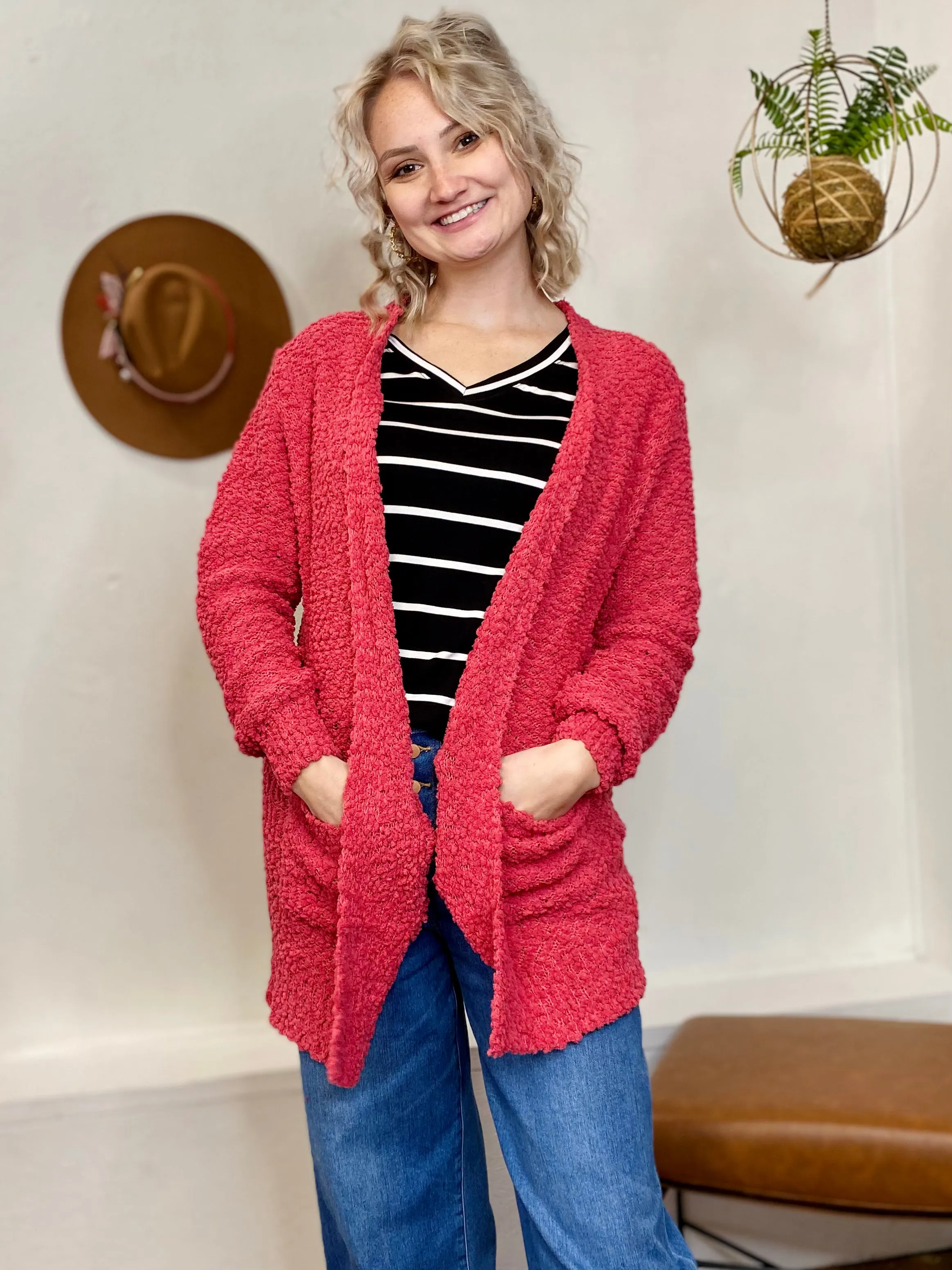 Popcorn Open Front Cardigan - Pink