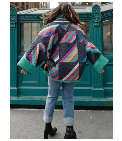 Quilted Multi Colored Jacket Patchwork Print Kvinde jakke