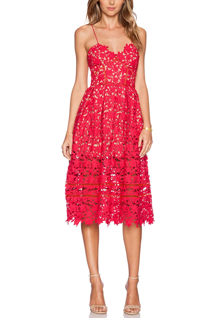 Red Azalea Floral Lace Midi Dress