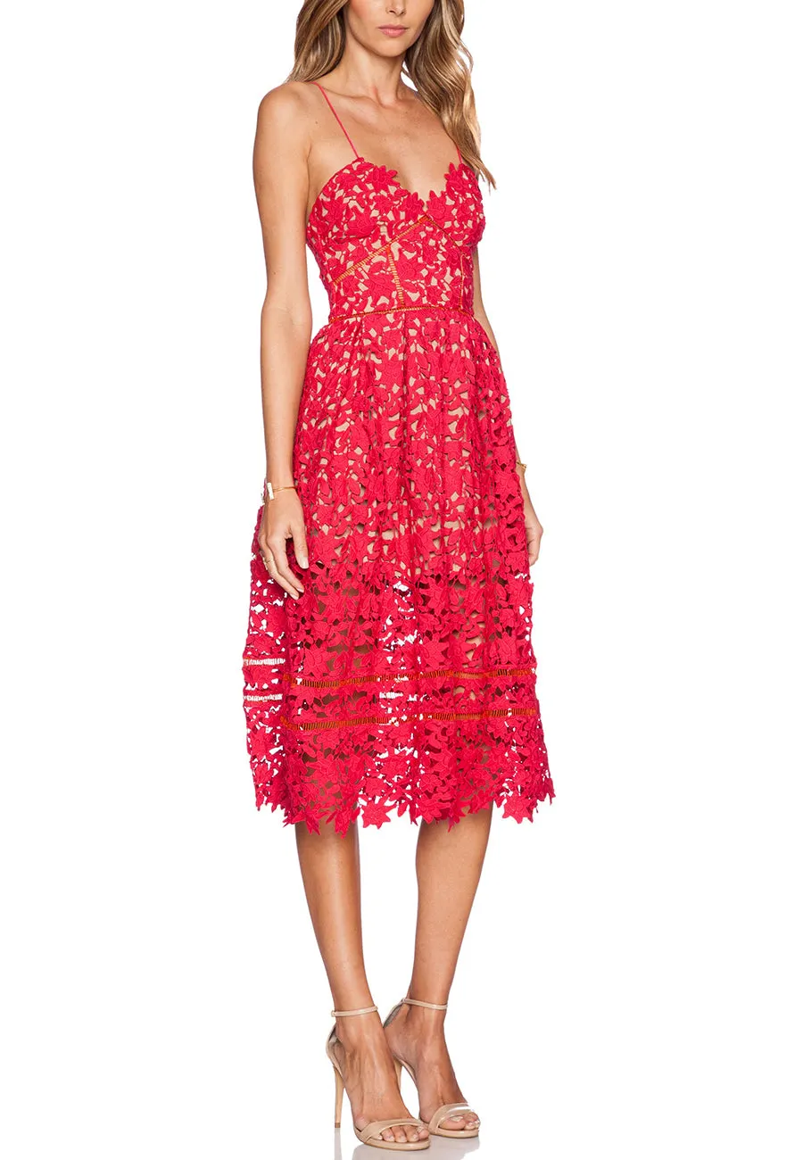 Red Azalea Floral Lace Midi Dress