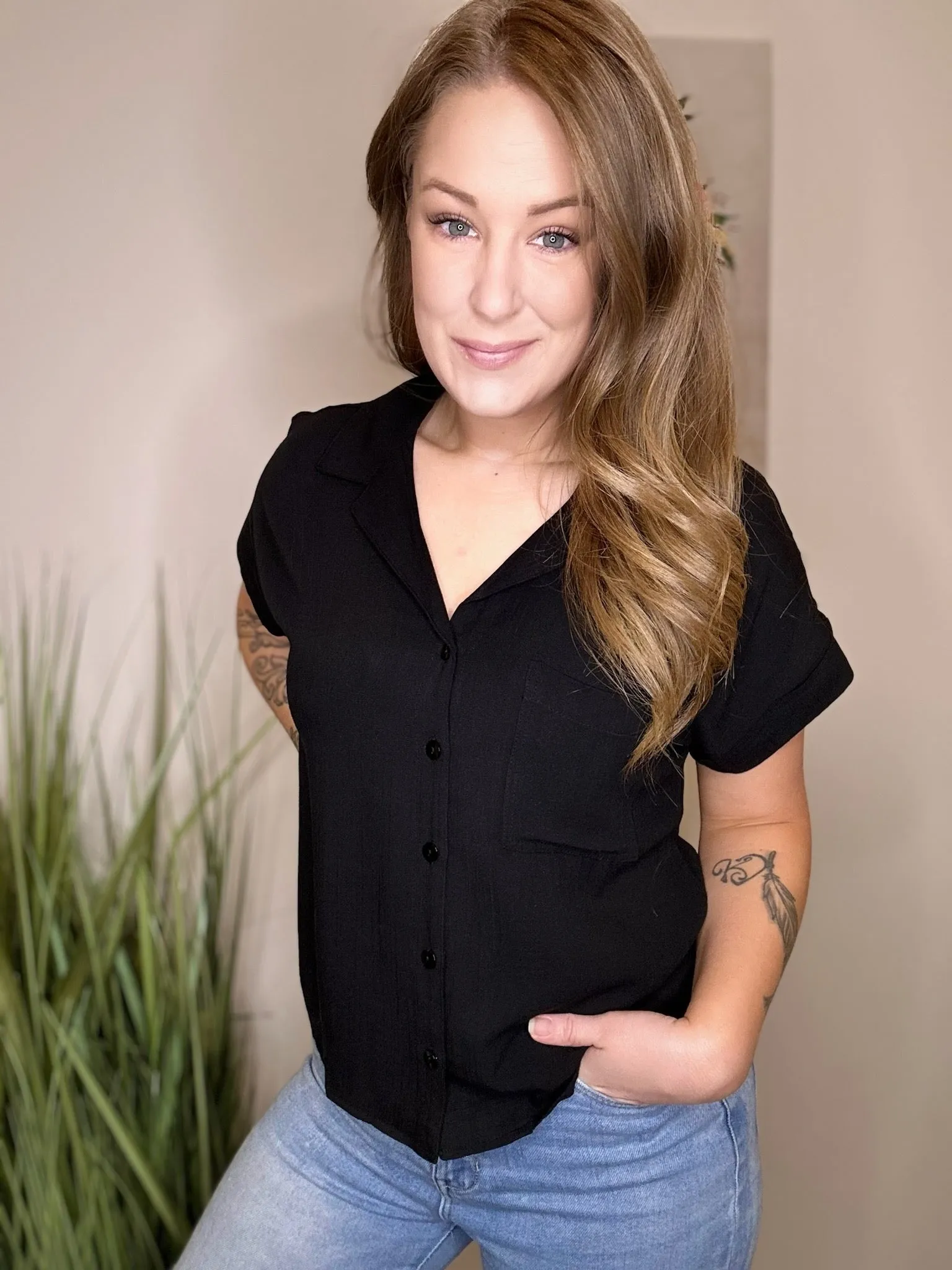 *Restock* Black Collared Button Up Top