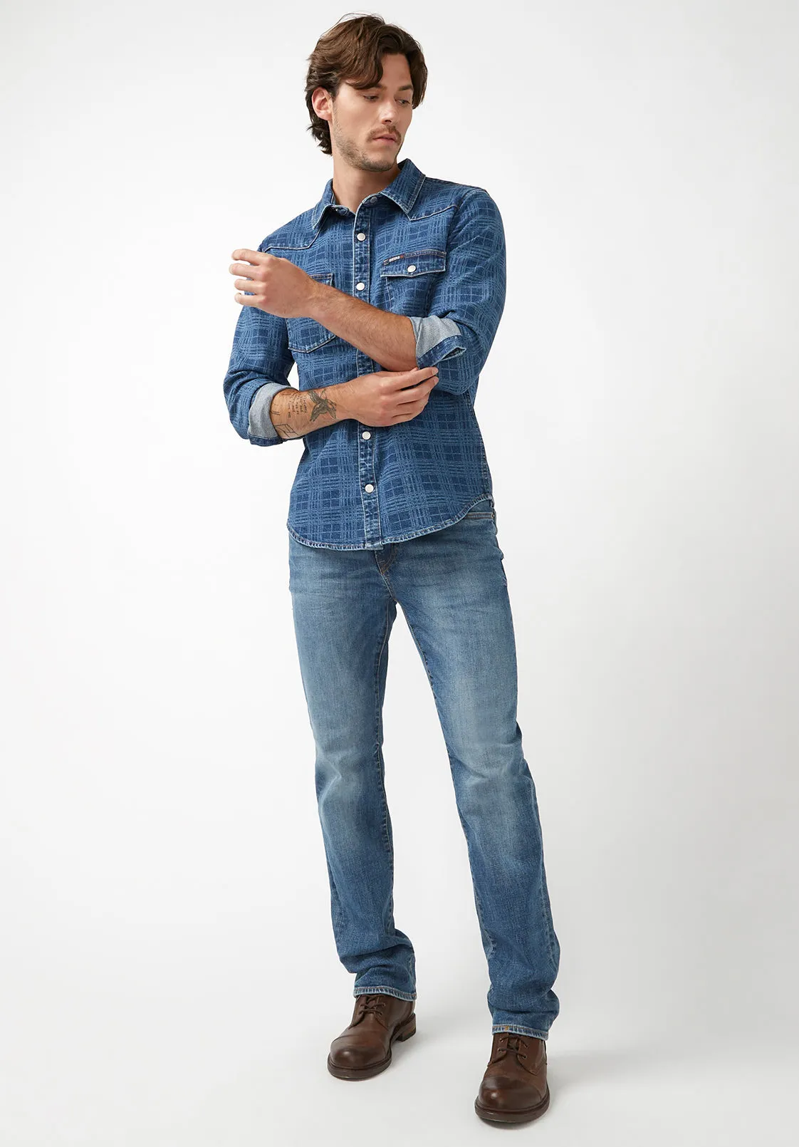 Shane Men's Long-Sleeve Denim Shirt in Indigo Plaid - BM22937