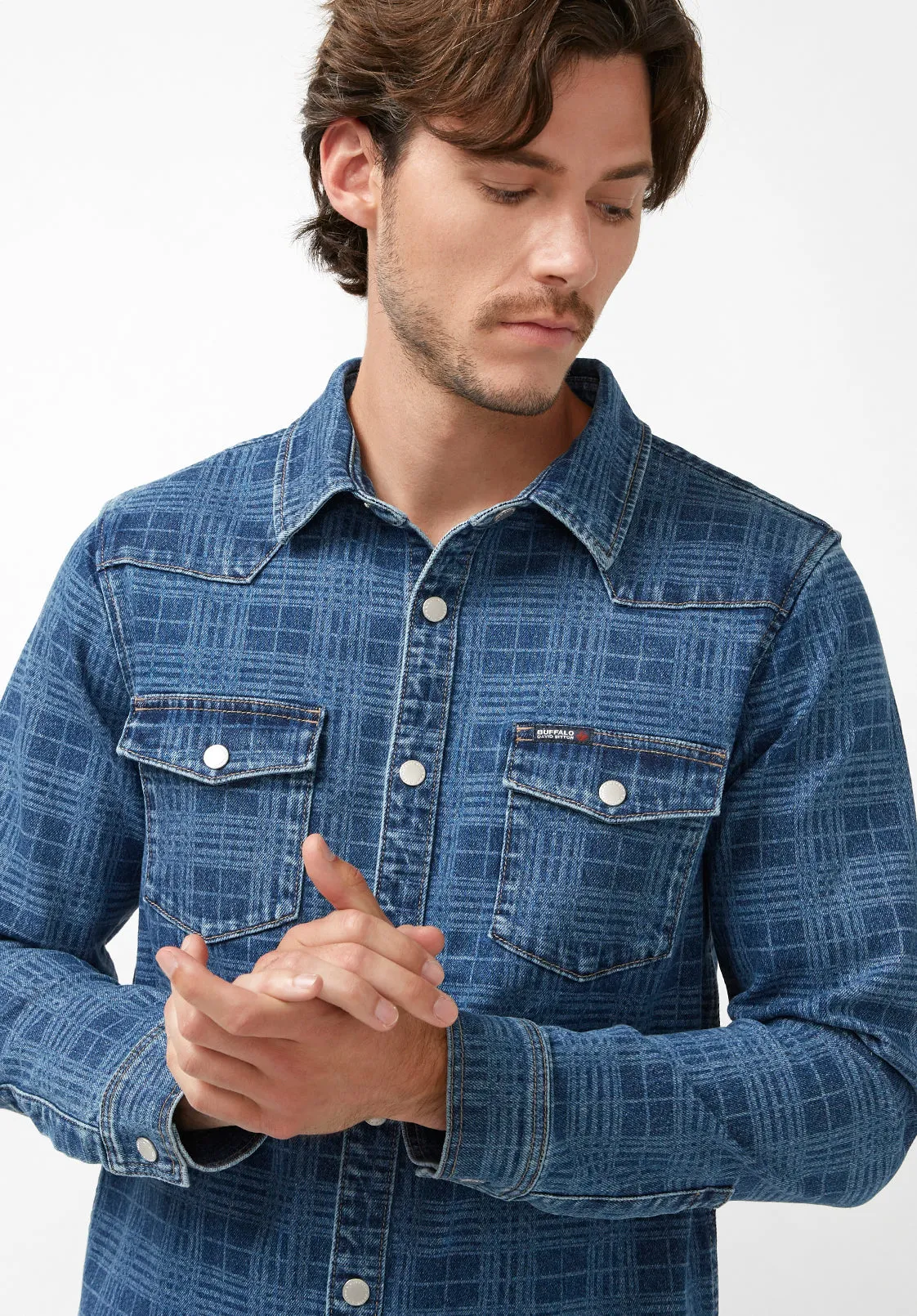 Shane Men's Long-Sleeve Denim Shirt in Indigo Plaid - BM22937