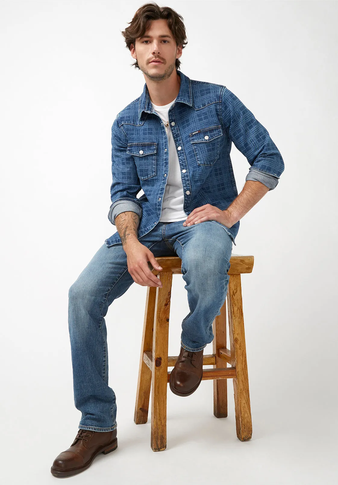 Shane Men's Long-Sleeve Denim Shirt in Indigo Plaid - BM22937