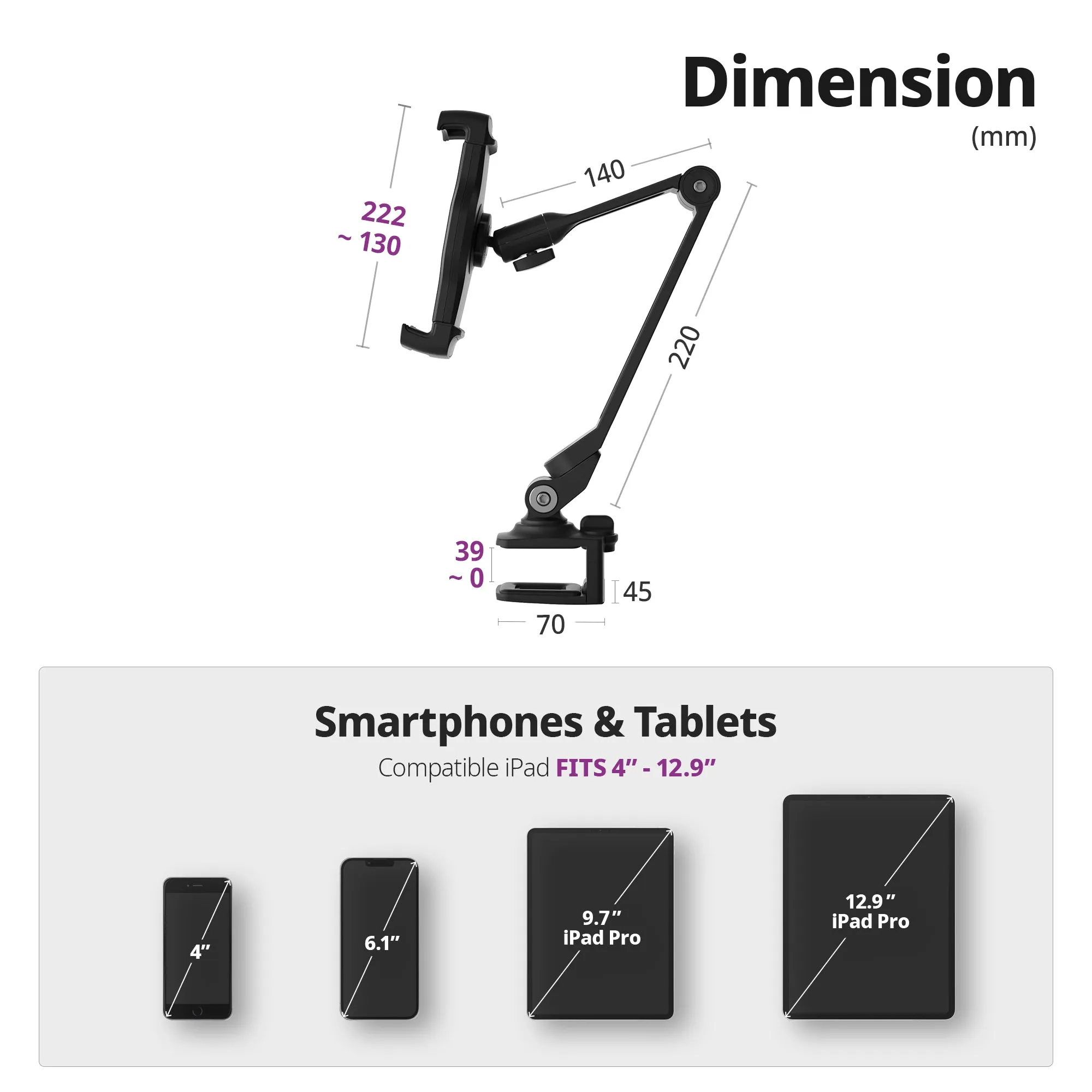 Smart Mount - Tablet & Cell Phone Holder (Long Arm/Clamp Base)