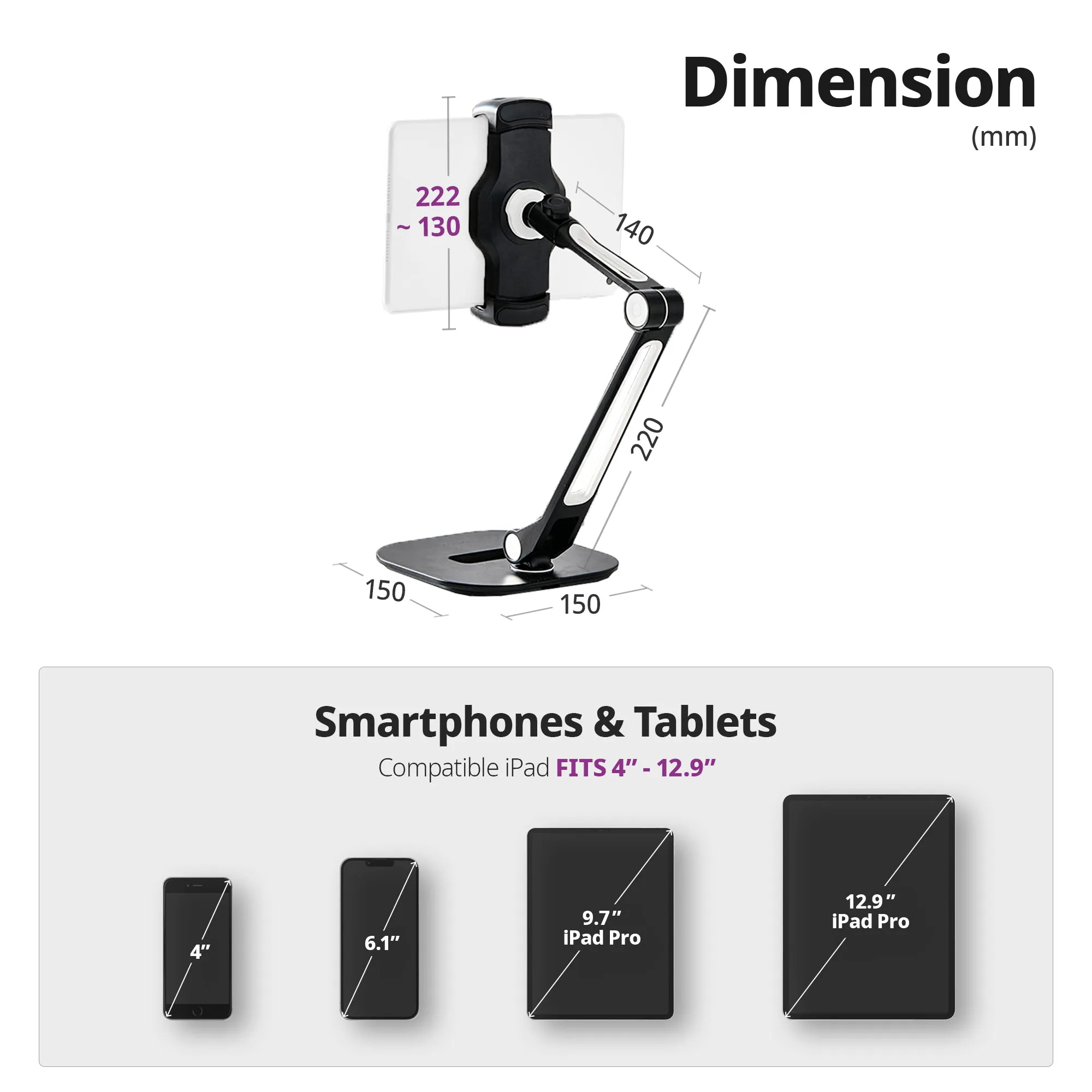 Smart Mount - Tablet & Cell Phone Holder (Long Arm/Stand Base)