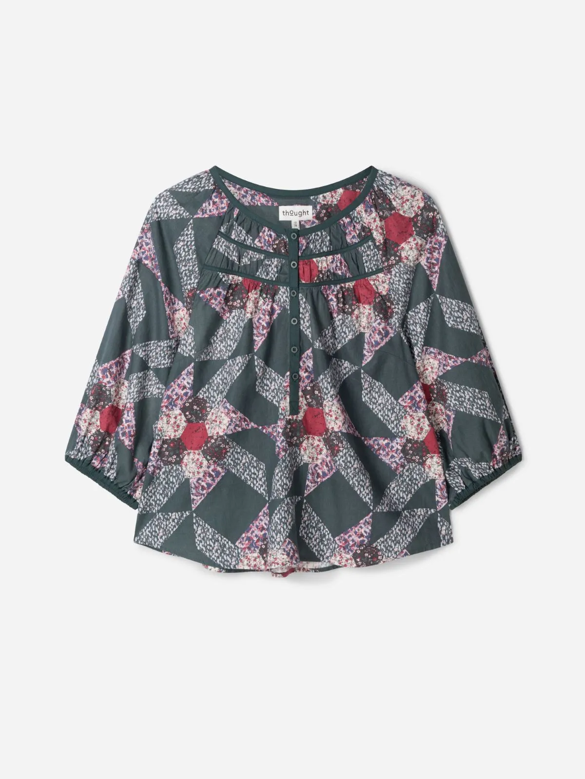 Tarni Hemp Patchwork Blouse - Dark Eucalyptus Green