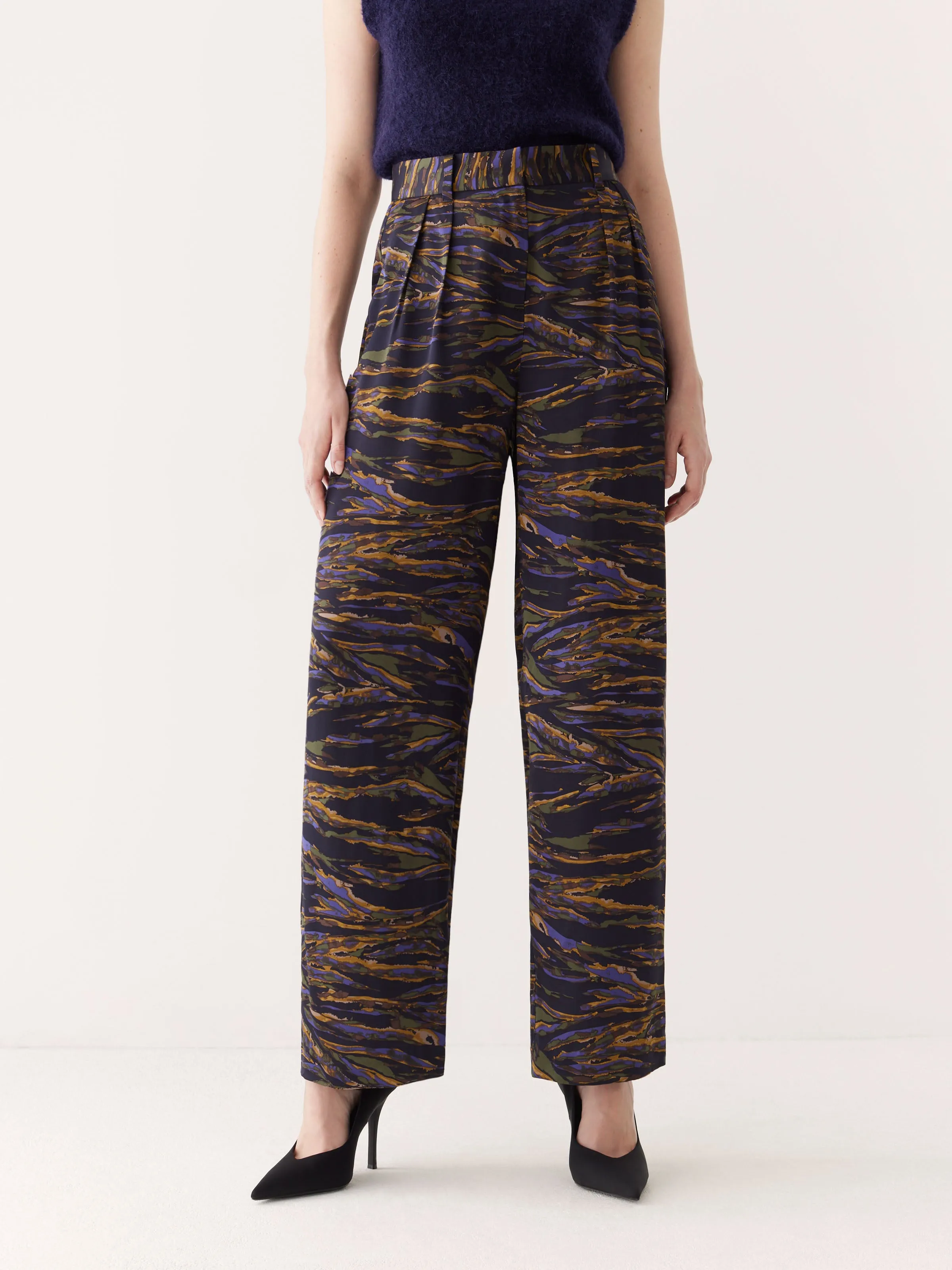 The Emma Printed Satin Pant in Dark Blue