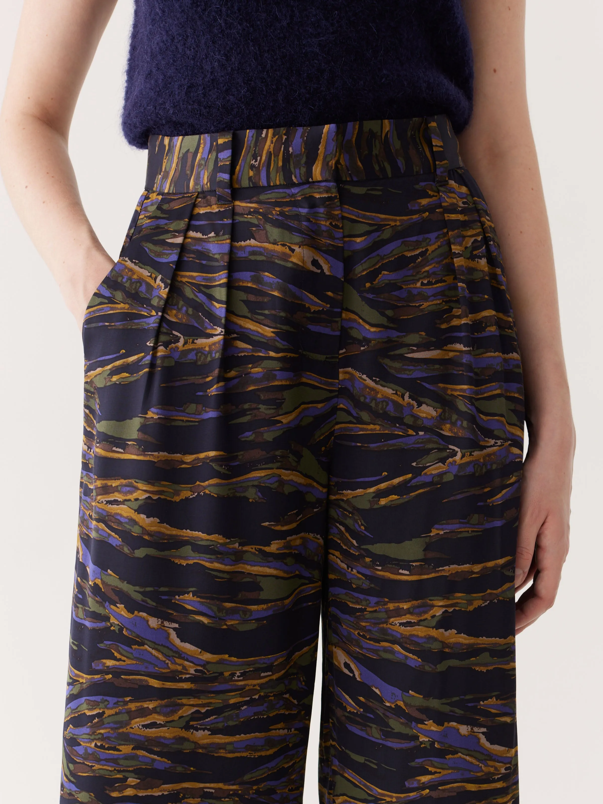 The Emma Printed Satin Pant in Dark Blue