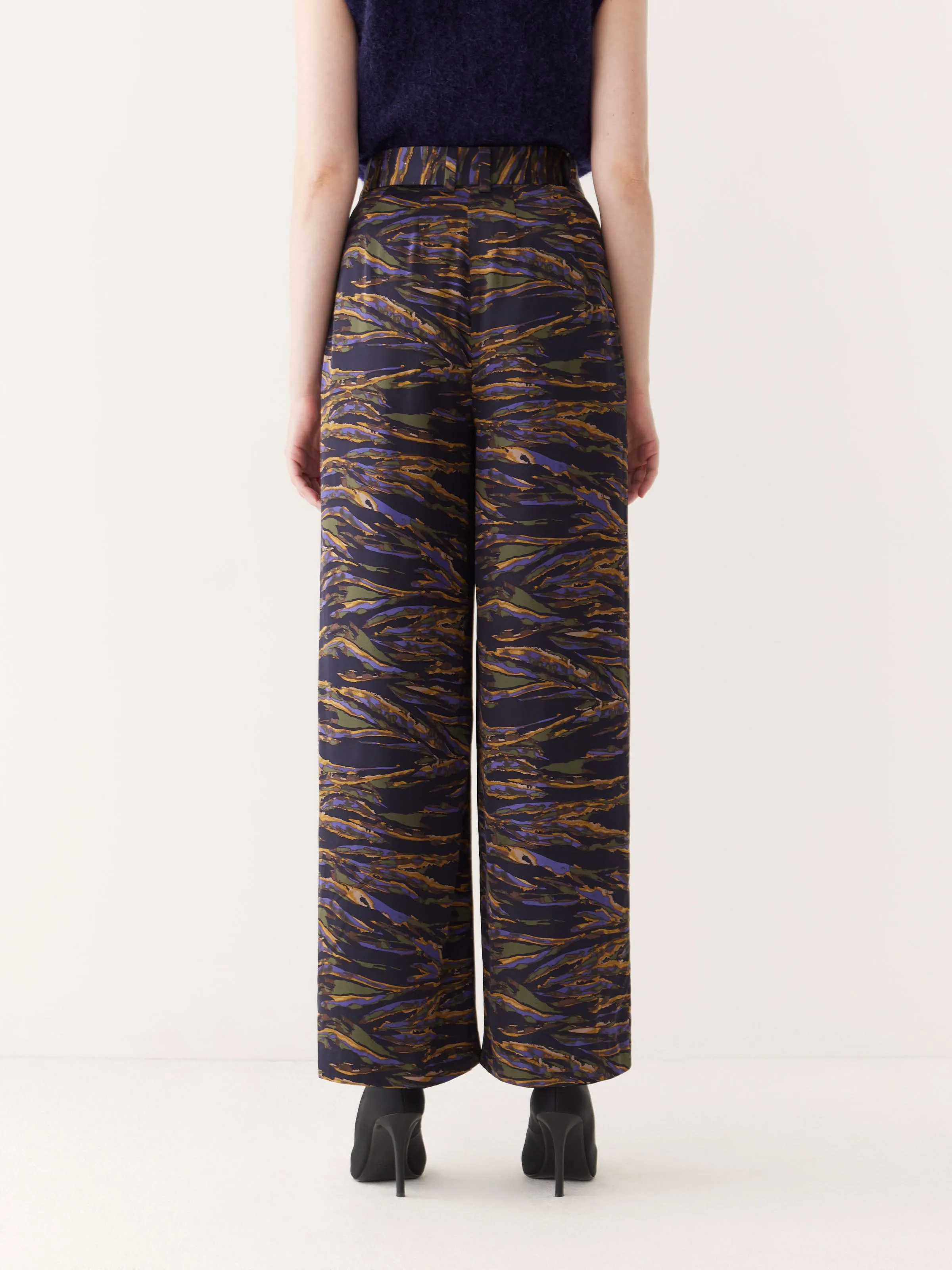 The Emma Printed Satin Pant in Dark Blue