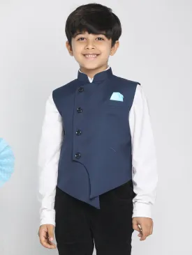 Vastramay Boy's Blue Cotton Blend Twill Nehru Jacket