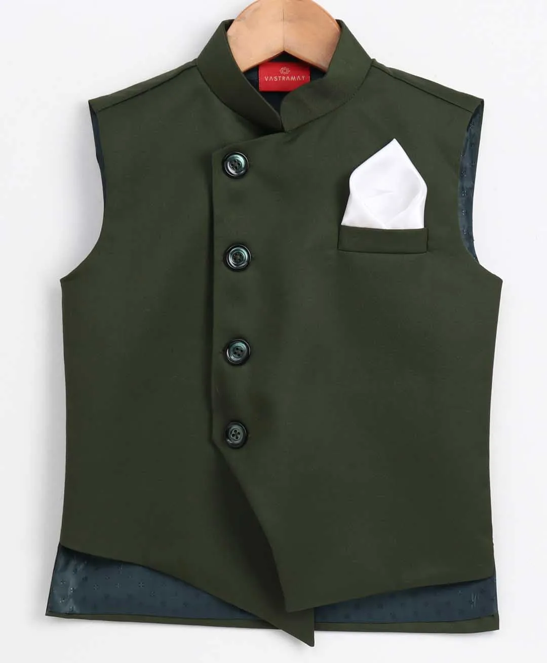 Vastramay Boy's Dark Green Cotton Blend Twill Nehru Jacket