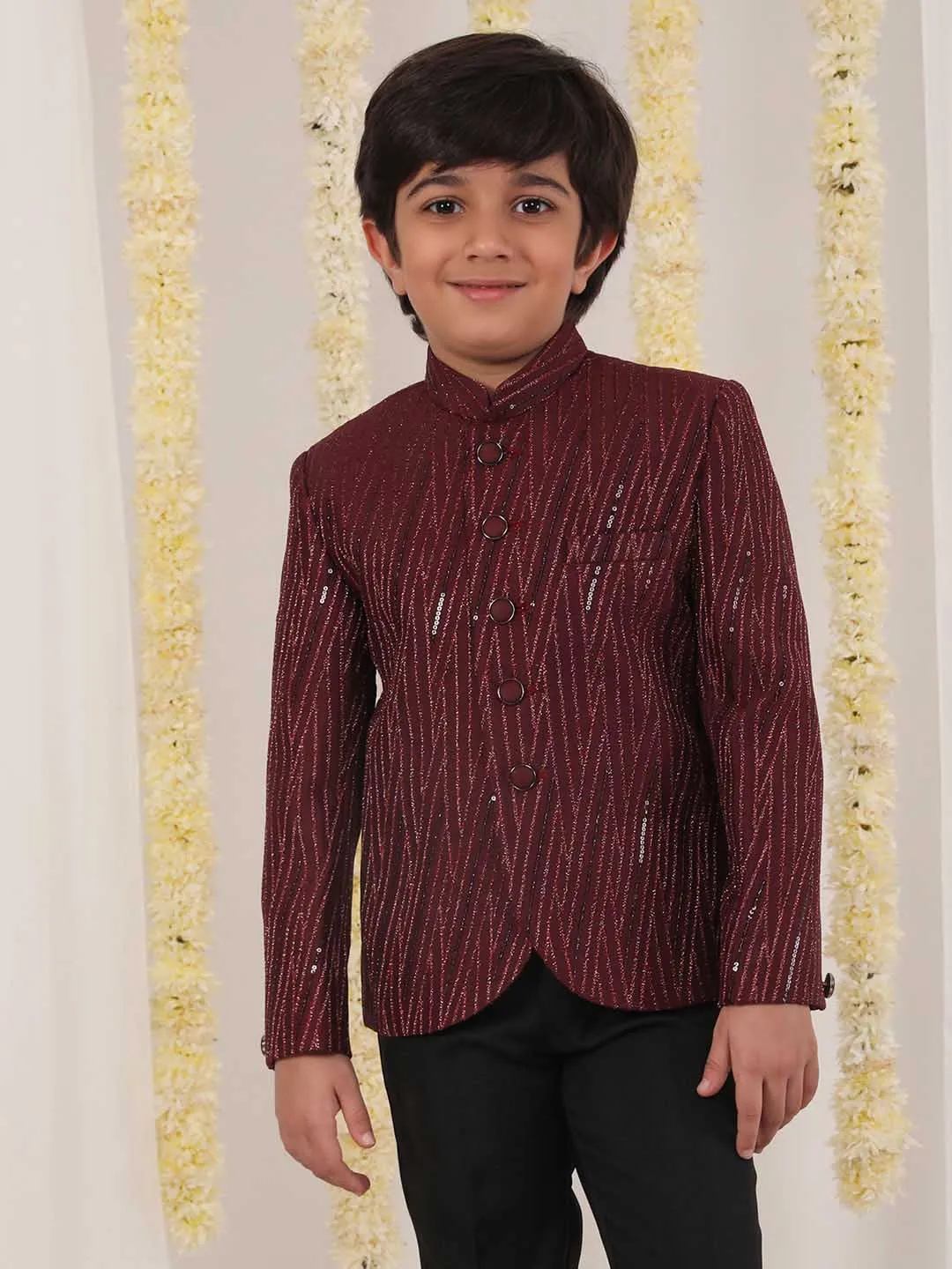 VASTRAMAY Boy's Maroon Sequined Jodhpuri