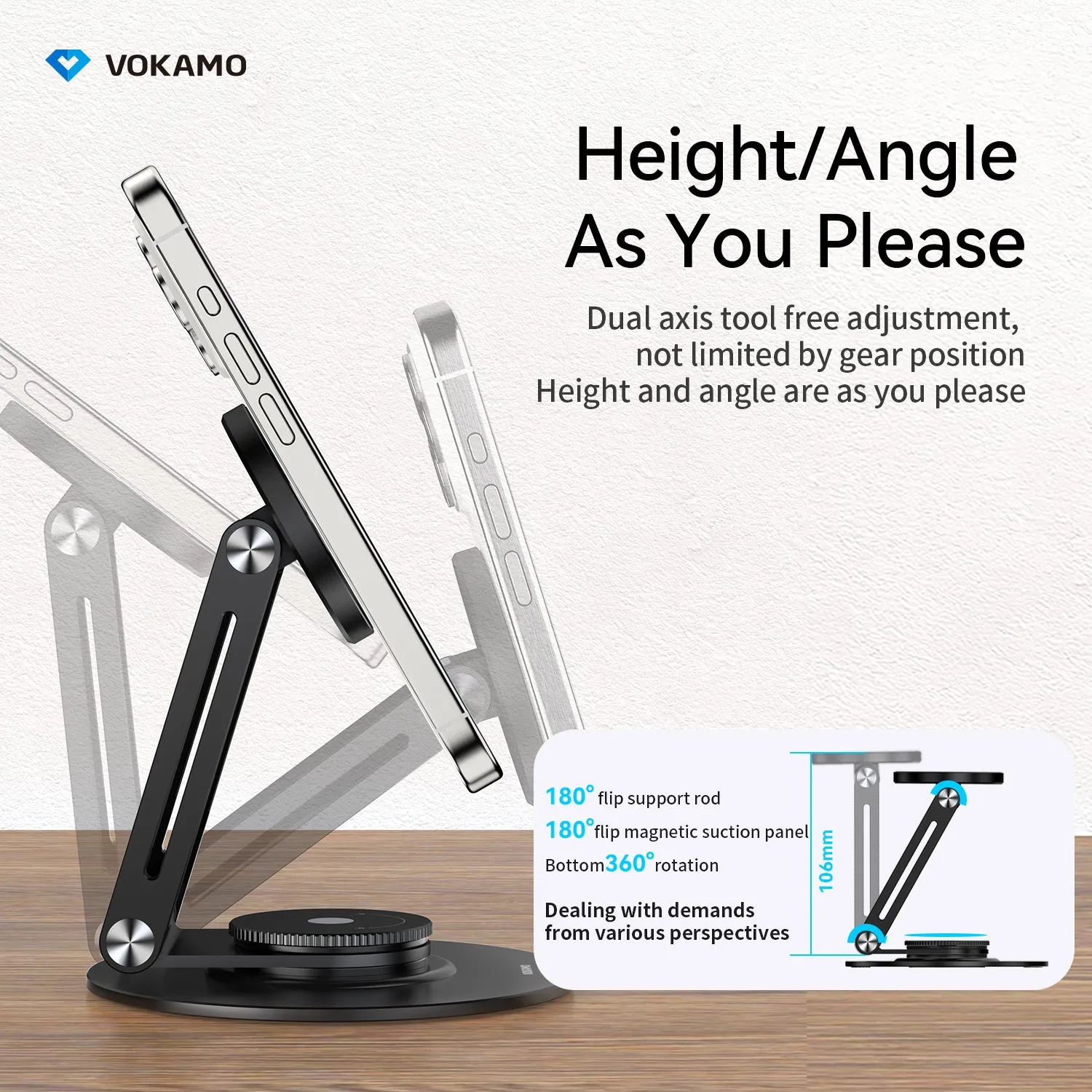 VOKAMO Alloy 360 Rotation Foldable Magnetic Phone Holder For Desk