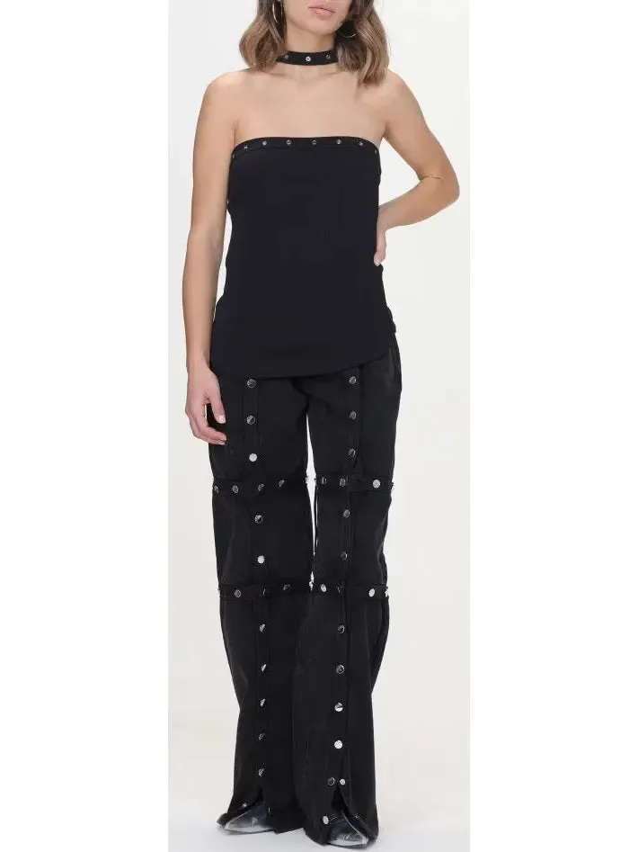 Women’s Black Denim Snap-Embellished High-Waist Jeans