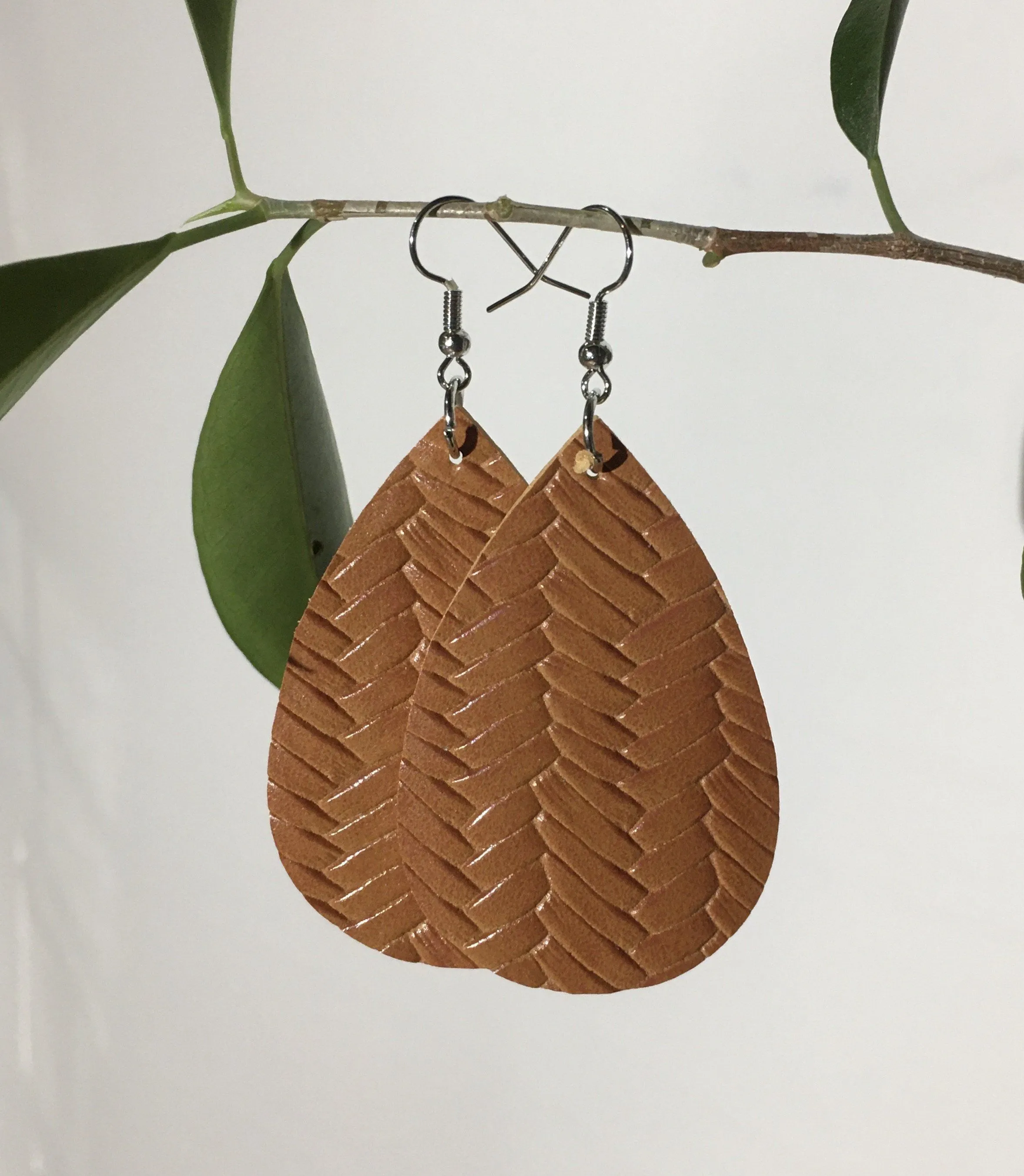 Womens Leather Braided Teardrop Earrings