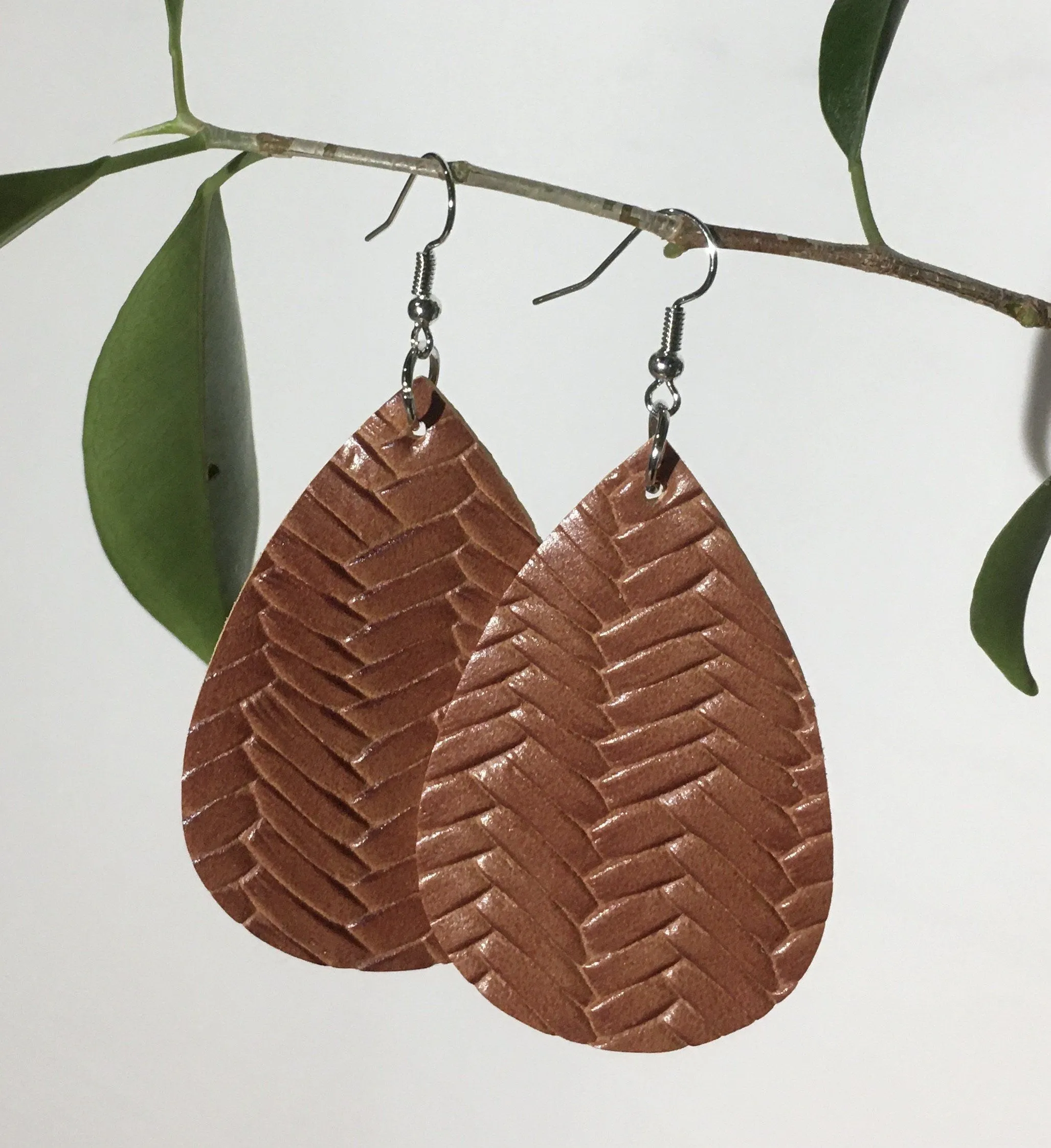 Womens Leather Braided Teardrop Earrings